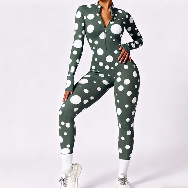 Women's Slim Fit White Polka Dot Floral Yoga Suit